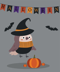 Halloween  Illustration with Sparrow Wearing a Magic Hat and Bat, Pumpkin Decoration