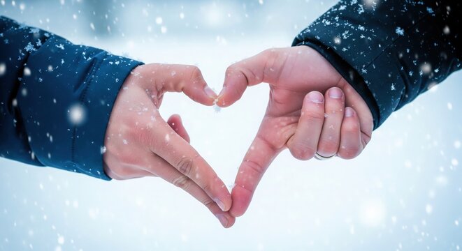 Couple Making Heart with Hands. Romantic Winter Symbol of Love.