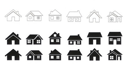 Collection of simple house icons in outline and silhouette styles