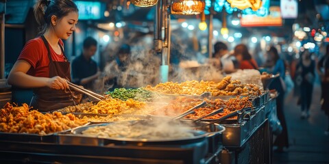 Obraz premium Young Female Street Food Vendor Cooking Hot Snacks at Night Market in Vibrant Urban Setting