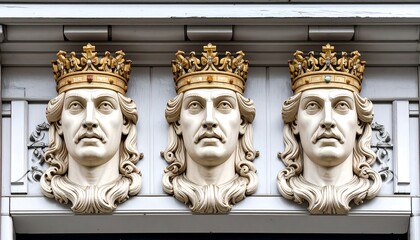 Three regal heads adorn a building facade