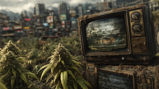 Overgrown cannabis plants with old vintage TVs in a dystopian urban landscape with blurred city in background.