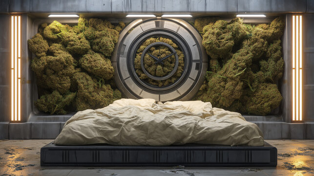 Futuristic bedroom with oversized wall clock and surreal moss-covered wall, blending nature and industrial design. - Powered by Adobe