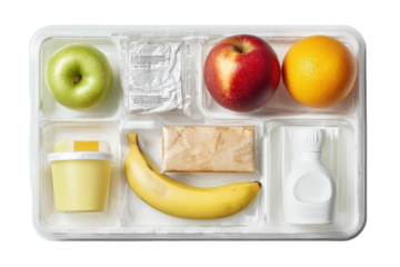 Healthy bento box lunch with green apple, red apple, orange, banana, yogurt, and juice, isolated on transparent background