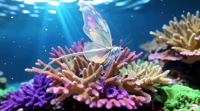 Macro Cinematic Underwater Shot of a Holographic Sea Moth Creature Gliding Above Neon Coral Garden
