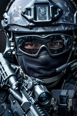 Fototapeta premium Special forces soldier wearing tactical gear and rifle