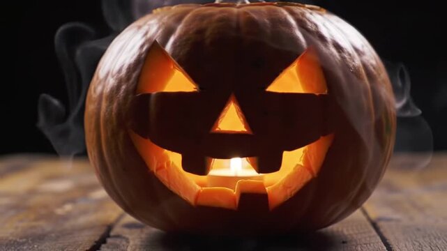 Close-up of Glowing Halloween Pumpkin with Carved Face