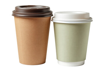 Two disposable paper coffee cups with lids, one brown and one light green, isolated on transparent background