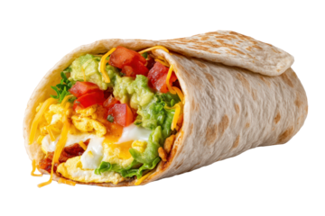 A delicious breakfast burrito filled with scrambled eggs, avocado, tomatoes, and cheese, isolated on transparent background