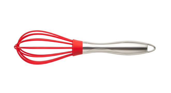 Red silicone whisk isolated on transparent background, a kitchen utensil for mixing ingredients, with a stainless steel handle and flexible wires