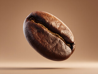 Single coffee bean floating against a brown background, showcasing its rich texture and warm color palette.