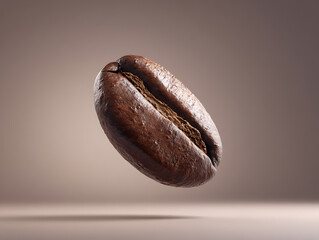 A single coffee bean levitates against a neutral backdrop, showcasing its rich texture and warm tones.