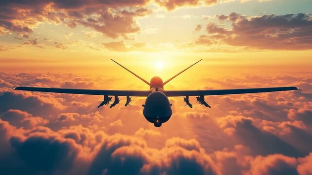 A drone soars through the sky, capturing a breathtaking sunset. The colors paint the horizon as the light reflects off the clouds, showcasing nature's beauty.