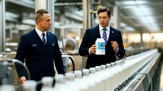 Bottles of fresh milk move along the conveyor belt in a factory early in the morning. Workers oversee the process to ensure quality and efficiency.