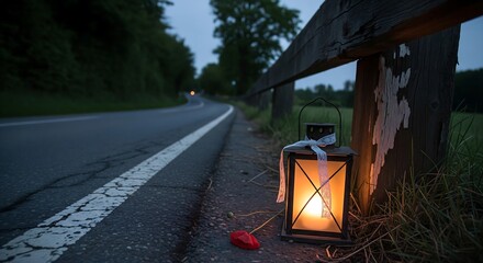 Minimalist Scene Small Lantern On Roadside Tribute Symbol