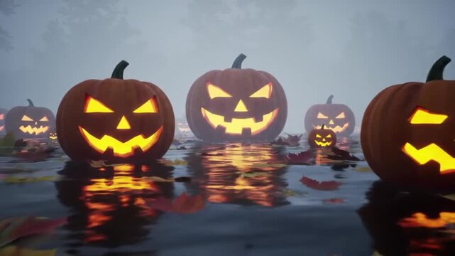 Glowing Jack-o&rsquo;-Lanterns Reflected on Water Surface