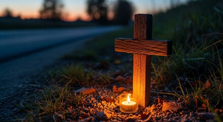 Roadside Memorial Small Wooden Cross And Candle Loss Symbol