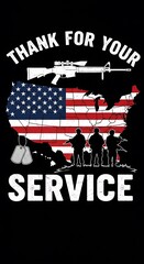 Naklejka premium Thank you for your service with usa flag, military rifle, and soldier silhouettes on black background