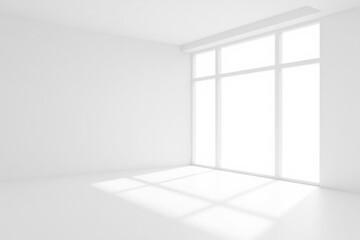 Obraz premium Bright empty white room with large windows casting strong geometric shadows