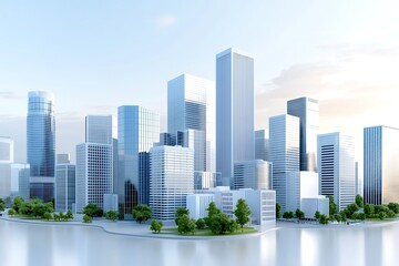 Obraz premium Modern City Skyline with Reflective Glass Buildings and Lush Green Trees in Urban Setting