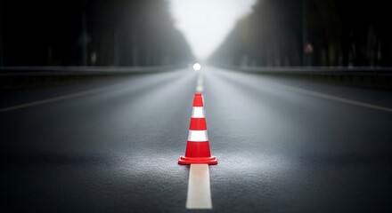 Illustration Of Single Traffic Cone On Empty Road Safety Warning