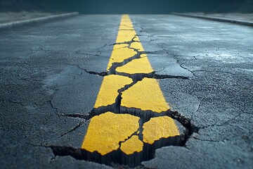 Cracked Asphalt Road with Yellow Line and Dramatic Perspective in Low Light Setting