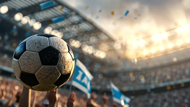 Exciting Moment in Soccer Match with Close-up of Ball Amidst Enthusiastic Crowd Celebration