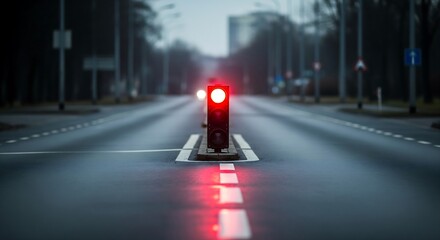 Aesthetic Photo Red Light On Quiet Road Awareness Concept