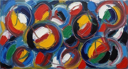 A colorful abstract painting with swirling, circular shapes in blue, red, yellow, black, and green on a blue background.