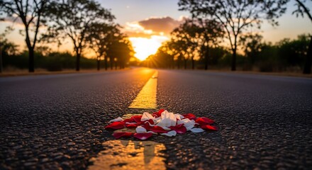 Warm Sunset Light Shining On A Quiet Road With Scattered Petals Symbol Of Remembrance