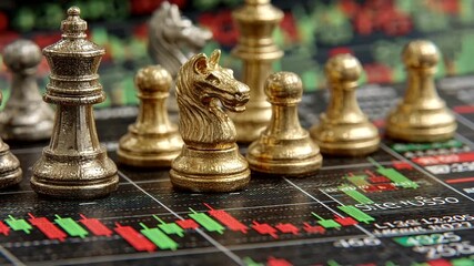 Chess Pieces on Stock Market Chart with Financial Data and Candlestick Patterns Visible