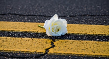 Minimalist Photo Single White Flower On Road Paint