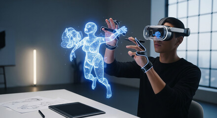 Asian man wearing vr headset and haptic gloves, manipulating a glowing blue digital human avatar in a modern office setting