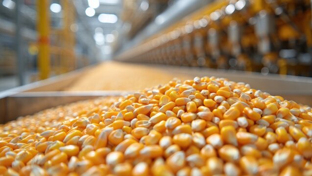 Industrial corn kernels spill along a bright factory conveyor belt