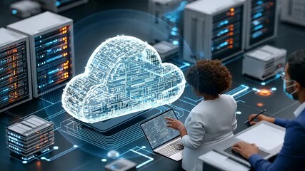Man and woman discussing cloud technology with digital data and server network in background - Powered by Adobe