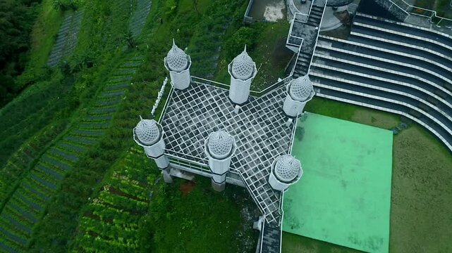Beautiful aerial footage of Kahyangan tower building tourist place in Central Java, Indonesia