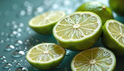 Fresh lime halves with water droplets, vibrant citrus refreshment