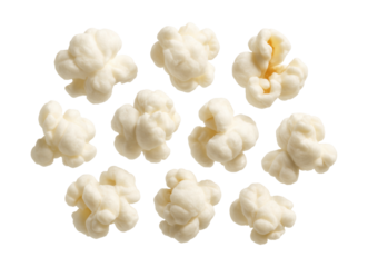 Irregular, fluffy white popped corn kernels.