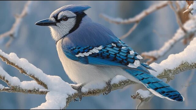 A vibrant blue jay perched on a snow-covered branch, showcasing its striking blue and white plumage against a soft, blurred winter background.