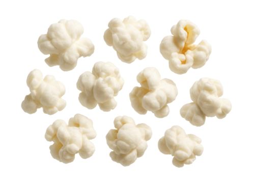 Irregular, fluffy white popped corn kernels.