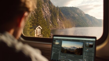 A candid, documentary-style photograph taken from the aisle of a train. A digital nomad is in the foreground, slightly out of focus, looking at his laptop screen. 