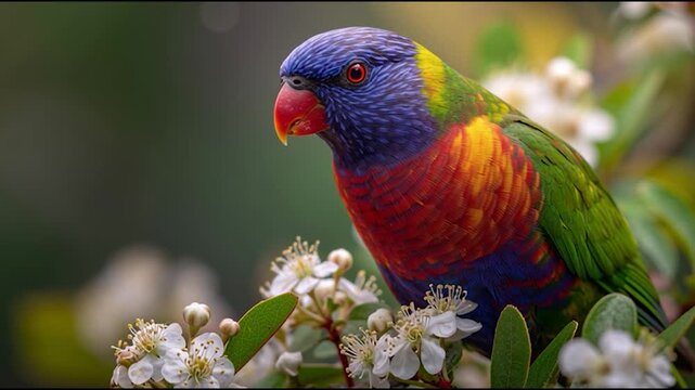 A vibrant parrot perched among delicate white flowers, showcasing its colorful plumage against a softly blurred background.