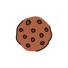 Chocolate Chip Cookie Doodle with Black Outline on Transparent Background Simple Flat Illustration