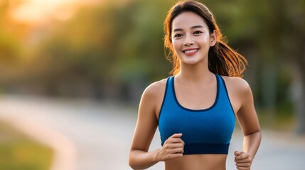 Fototapeta premium Asian woman jogging outdoors in park smiling