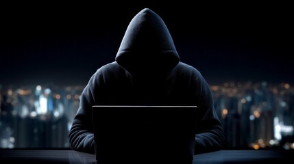 Hacker sits in darkness using laptop to engage in cyber activities over the city skyline at night