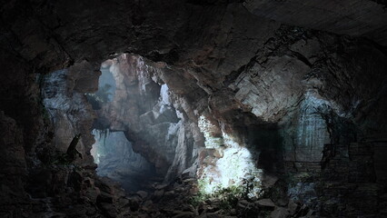 Deep within the ground lies a vast cave filled with jagged rocks and soft light shining through openings.
