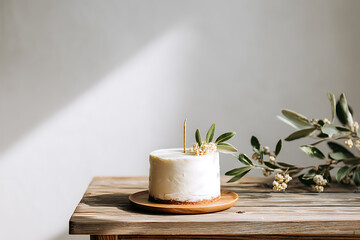 Minimalist cake presentation with natural light and olive branch on a rustic wooden surface.