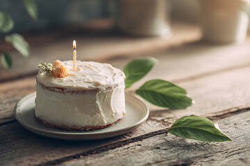 A small birthday cake with a candle on a rustic wooden table, decorated with leaves
