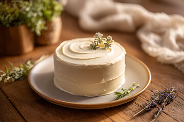 Elegant Cake Presentation with Lavender Accents on Wooden Table
