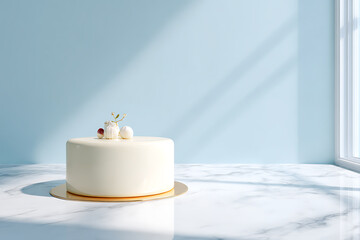 Elegant white cake on marble surface with soft blue background and window light creating a serene atmosphere.